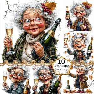 JPEG Aquarell trinken Oma Clipart Bundle Silvester feiern Senior Lady Instant Download Papier Handwerk Junk Journal Scrapbooking