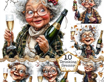 May include: A collage of ten illustrations of a cartoon granny drinking champagne. The granny is wearing a plaid shirt, a necklace, and a flower crown. The illustrations are set against a white background with fall leaves and vines.