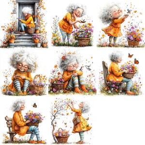 JPEG Watercolor Spring Granny Clipart Bundle Funny Elderly Lady Cute ...
