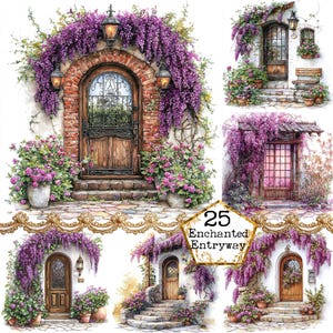 Paquete de imágenes prediseñadas de puertas de primavera con acuarela JPEG, puertas rústicas, puertas de pueblo estilo cottagecore, descarga instantánea, manualidades de papel, diario basura, álbumes de recortes
