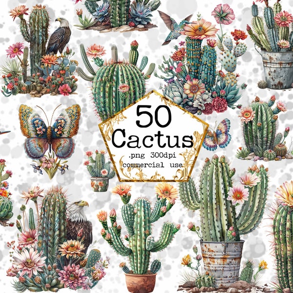 Watercolor Cactus Clipart  Desert Cacti PNG Eagle PNG Lizard Png Humming Bird PNG Instant Download Paper Crafts Junk Journal Scrapbooking