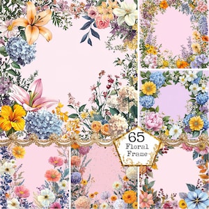 JPEG Watercolor Spring Floral Frames on Pink Background Graphics Flower Frames Border Instant Download Paper Craft Junk Journal Scrapbooking