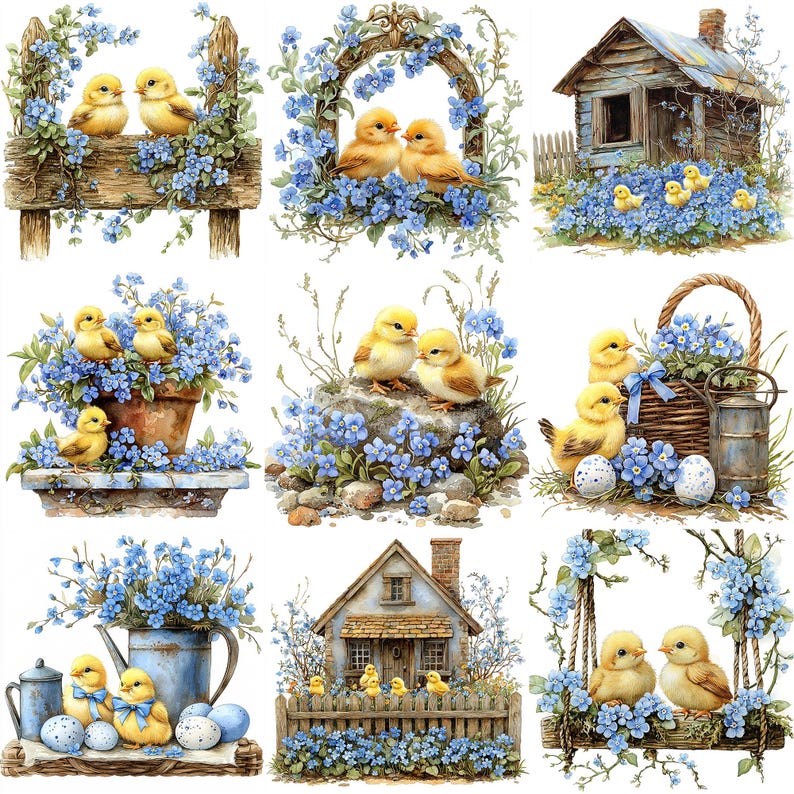 May include: A collection of nine illustrations featuring yellow chicks and blue forget-me-not flowers. The illustrations depict chicks in various settings, including a wooden fence, a stone, a basket, and a swing.