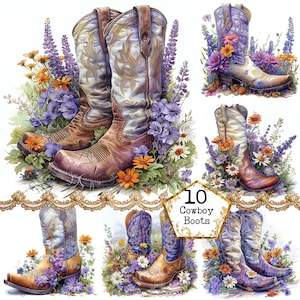 Bundle de cliparts aquarelles de bottes de cow-boy JPEG Western Clipart aquarelle bottes fleur téléchargement immédiat travaux manuels en papier indésirable Journal Scrapbooking