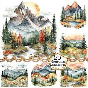 JPG Watercolor Mountain Sunset JPEG Nature Clipart Landscape Clipart Watercolor Landscape Instant Download Paper Craft Journal Scrapbooking