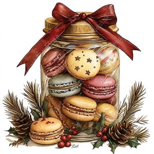 May include: A glass jar filled with colorful macarons, tied with a red ribbon and bow. The jar is surrounded by pine branches, holly, and pine cones.