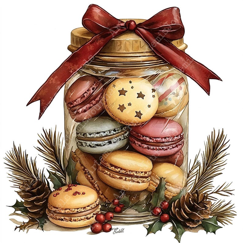 May include: A glass jar filled with colorful macarons, tied with a red ribbon and bow. The jar is surrounded by pine branches, holly, and pine cones.