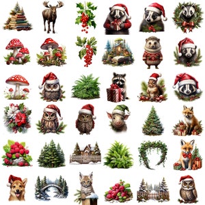 May include: A collection of Christmas-themed illustrations featuring animals, plants, and winter scenes. The illustrations include a moose, a badger, a raccoon, an owl, a fox, a squirrel, a pig, a cat, a dog, a Christmas tree, a wreath, a house, a bridge, and a mushroom.