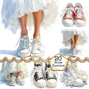 Vestido de noiva em aquarela JPEG e tênis clipart clipart de casamento romântico tênis download instantâneo artesanato em papel diário de lixo scrapbooking