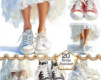 JPEG Akwarela Panny Młodej Suknia i Trampki Clipart Romantyczny Ślub Clipart Trampki Natychmiastowe Pobieranie Papierowe Rzemiosło Dziennik Śmieci Scrapbooking