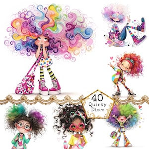 Pacchetto di clipart di ragazze disco eccentriche retrò in stile acquerello JPEG, ragazza stravagante, effimera, arte, download istantaneo, artigianato di carta, diario di scarto, scrapbooking