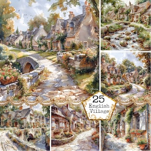 Pacchetto di clipart di case di villaggio inglese dell'acquerello JPEG Village House uso commerciale Download immediato artigianato di carta Junk Journal Scrapbooking