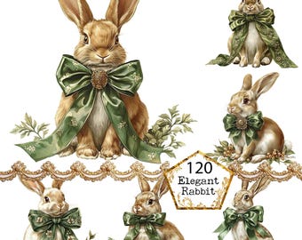 PNG + JPEG Watercolor Vintage Rabbit with a Bow Clipart Bundle Spring Rabbit Images Instant Download Paper Crafts Junk Journal Scrapbooking