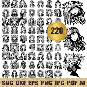 May include: A set of 220 black and white SVG cut files featuring various designs of women with floral headbands and other hair accessories. The designs are perfect for crafting projects, such as t-shirts, mugs, and home decor.