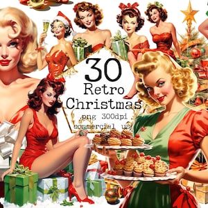 Retro ama de casa Navidad Clipart PNG Bundle, PNG transparente de los años 50, vestido rojo, regalos, álbum de recortes, diario basura artesanías de papel uso comercial