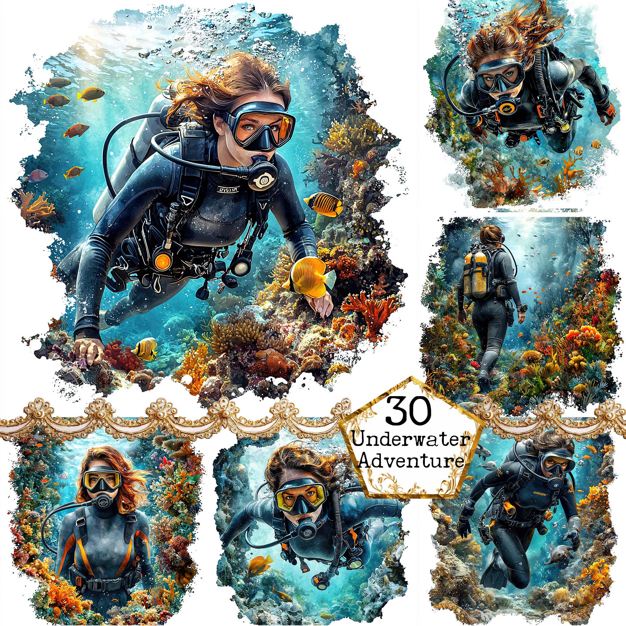 JPEG Woman Diving Clipart Bundle Scuba Diving Clipart Underwater Clipart Coral Reef Instant Download Paper Crafts Junk Journal Scrapbooking