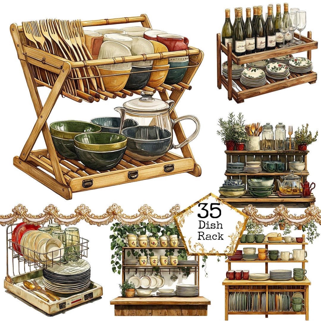 PNG + JPEG Watercolor Vintage Dish Rack Clipart Bundle Vintage Kitchen ...