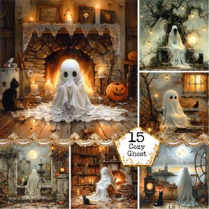 May include: A collage of five images featuring a ghost in different cosy settings. The ghost is white and translucent, with a friendly expression. The settings include a fireplace, a library, a forest, a garden, and a beach. The images are all in a warm, inviting style, with soft lighting and muted colours. The text "15 Cozy Ghost" is in the centre of the collage.