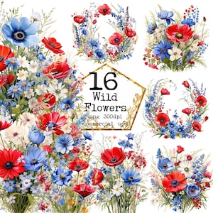 PNG Flores Selvagens Prado Clipart Pacote Flores Selvagens Grinalda PNG Uso Comercial Download Instantâneo Papel Artesanato Junk Journal Scrapbooking