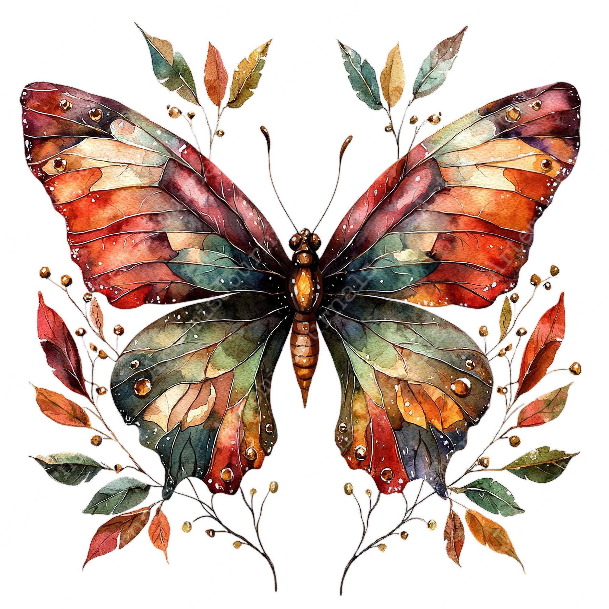 PNG + JPEG Watercolor Autumn Leaves Butterfly Clipart Bundle Mixed ...