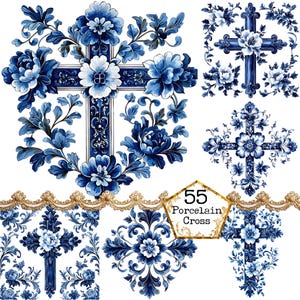 May include: A set of 55 blue and white porcelain cross designs. The crosses are decorated with floral patterns and are perfect for crafting projects.