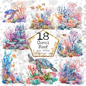 Bundle de cliparts aquarelle récif de corail couleurs pastel tortue de mer Clipart poisson Clipart téléchargement immédiat artisanat papier indésirable Journal Scrapbooking