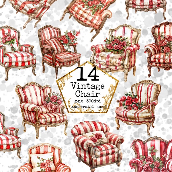 Watercolor Vintage Chairs and Armchairs Clipart Bundle PNG Antique Furniture Clipart Instant Download Paper Crafts Junk Journal Scrapbooking