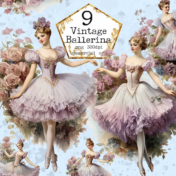 Vintage Ballerina Clipart Bundle Ephemera Clipart Floral Ballerina PNG Vintage PNG Instant Download Paper Crafts Junk Journal Scrapbooking