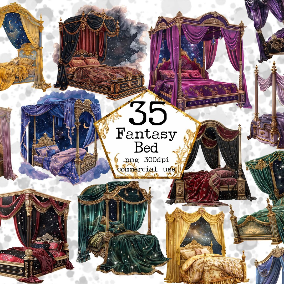 Watercolor Vintage Magical Bed Clipart Bundle Canopy Bed PNG Princess ...