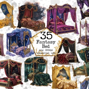 Watercolor Vintage Magical Bed Clipart Bundle Canopy Bed PNG Princess Bed Commercial Instant Download Paper Crafts Junk Journal Scrapbooking