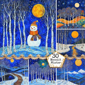JPEG Watercolor Fantasy Winter Birch Forest with Snowman Clipart Bundle Instant Download Paper Crafts Junk Journal Scrapbooking