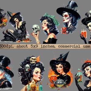 May include: A digital collage of ten images featuring witches with black hats, skulls, and potions. The images are set against a gray background. 300dpi, about 5x9 inches, commercial use.