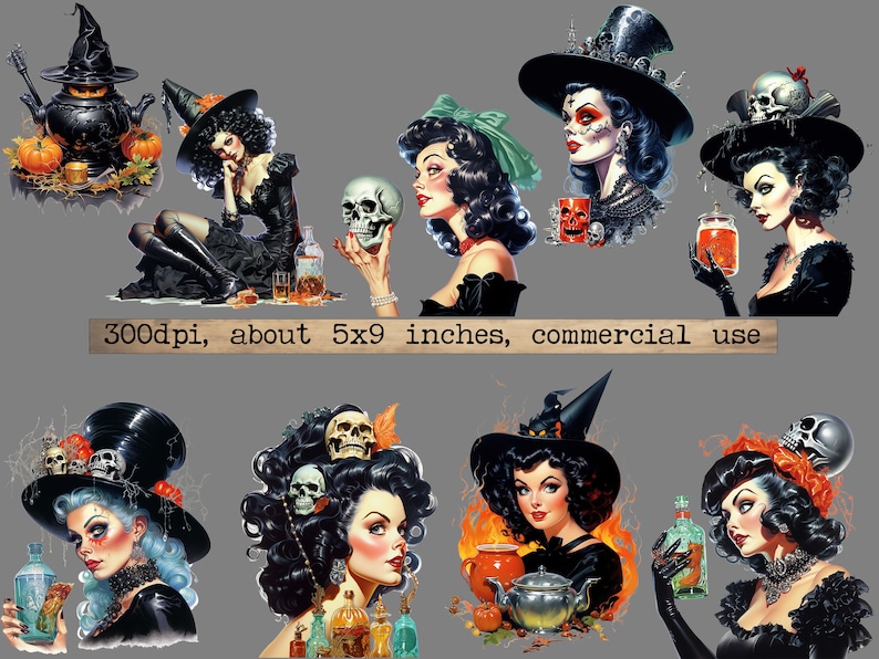 May include: A digital collage of ten images featuring witches with black hats, skulls, and potions. The images are set against a gray background. 300dpi, about 5x9 inches, commercial use.
