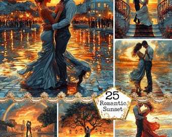 May include: A collage of 25 romantic sunset paintings featuring couples in various poses. The paintings are in a variety of styles, from realistic to impressionistic. The colors are warm and inviting, and the overall mood is one of love and happiness.