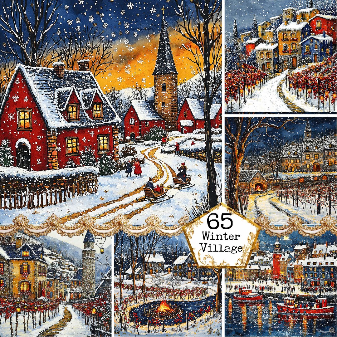 JPEG Watercolor Little Winter Village JPEG Instant Download Winter ...