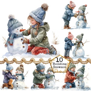 JPEG acuarela niño pequeño edificio muñeco de nieve clipart paquete nieve invierno clipart descarga instantánea artesanías de papel diario basura scrapbooking