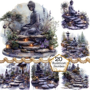 Aquarell buddhistischer Garten Clipart Bundle JPEG Sofortiger Download Kommerzielle Nutzung Zen Garten Blume JPEG Papier Handwerk Junk Journal Scrapbooking