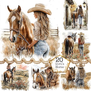 Paquete de imágenes prediseñadas de vaquera y caballo en acuarela JPEG Imágenes prediseñadas de vida en la granja Uso comercial Descarga instantánea Manualidades en papel Diario basura Scrapbooking