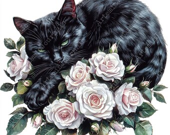 JPEG Watercolor Floral Black Cat Clipart Bundle Black Cat
