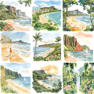a painting of a tropical beach with palm trees
