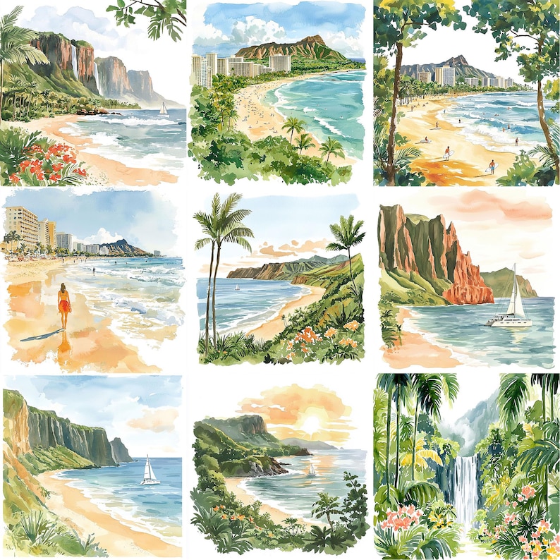 a painting of a tropical beach with palm trees