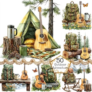 Paquete de imágenes prediseñadas de acampada en la montaña con acuarela JPEG, imágenes prediseñadas de guitarra, mochila de senderismo, descarga instantánea, manualidades con papel, diario basura, álbumes de recortes