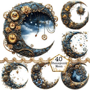 Bundle de cliparts JPEG aquarelle lunes steampunk Graphismes Steampunk Lunes abstraites Téléchargement instantané Artisanat en papier Journal indésirable Scrapbooking