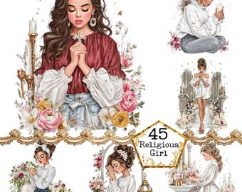 Religious Girl - Watercolor Clipart Bundle PNG + JPEG Christian Art Paper Crafts Junk Journal Scrapbooking