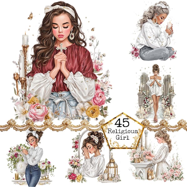 Religijna dziewczyna - zestaw akwarelowych clipartów PNG + JPEG Chrześcijańska sztuka papierowa rzemiosło dziennik śmieciowy scrapbooking
