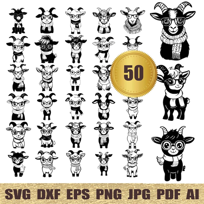 50 Goat With Glasses and Scarf Svg, Dxf, Eps, Ai, Pdf, Jpg, Png Goat ...