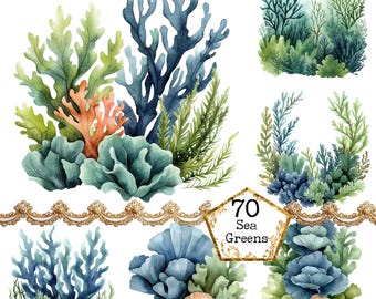 May include: Watercolor illustrations of various sea greens, including coral and seaweed, in shades of blue, green, and orange. The image includes a decorative gold border and a gold-framed text that reads "70 Sea Greens."