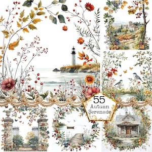 JPEG Bundle de cliparts scène florale d'automne aquarelle Nature aquarelle paysage Art téléchargement immédiat artisanat en papier Junk Journal Scrapbooking