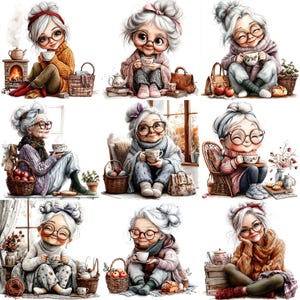 JPEG Watercolor Senior Lady With Hot Tee Clipart Bundle Cozy Granny ...