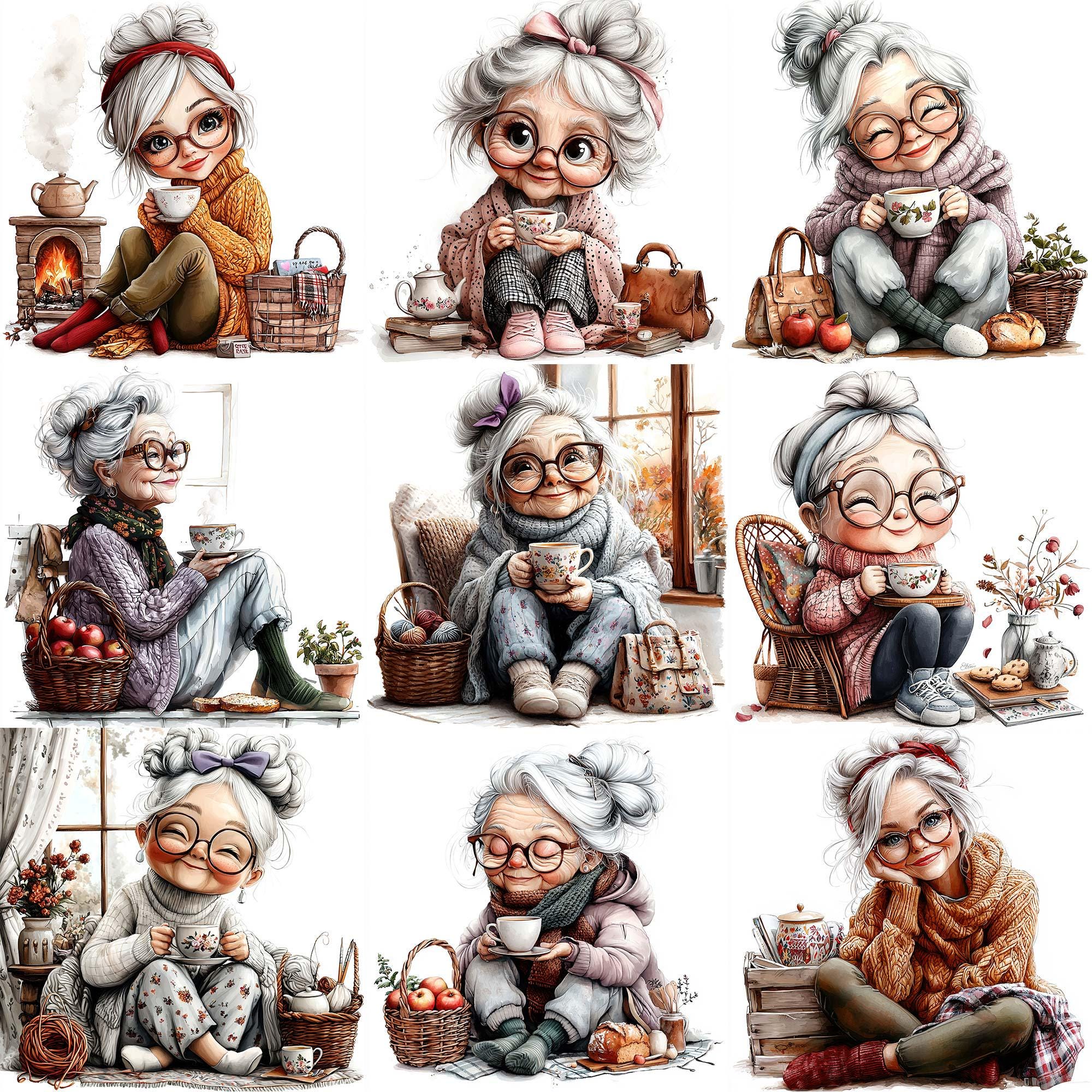 JPEG Watercolor Senior Lady With Hot Tee Clipart Bundle Cozy Granny ...